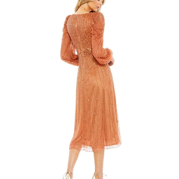 Mac Duggal 5593 Hand Embellished V Neck Puff Long Sleeve A Line Midi‎ Cognac 2 - Picture 2 of 10